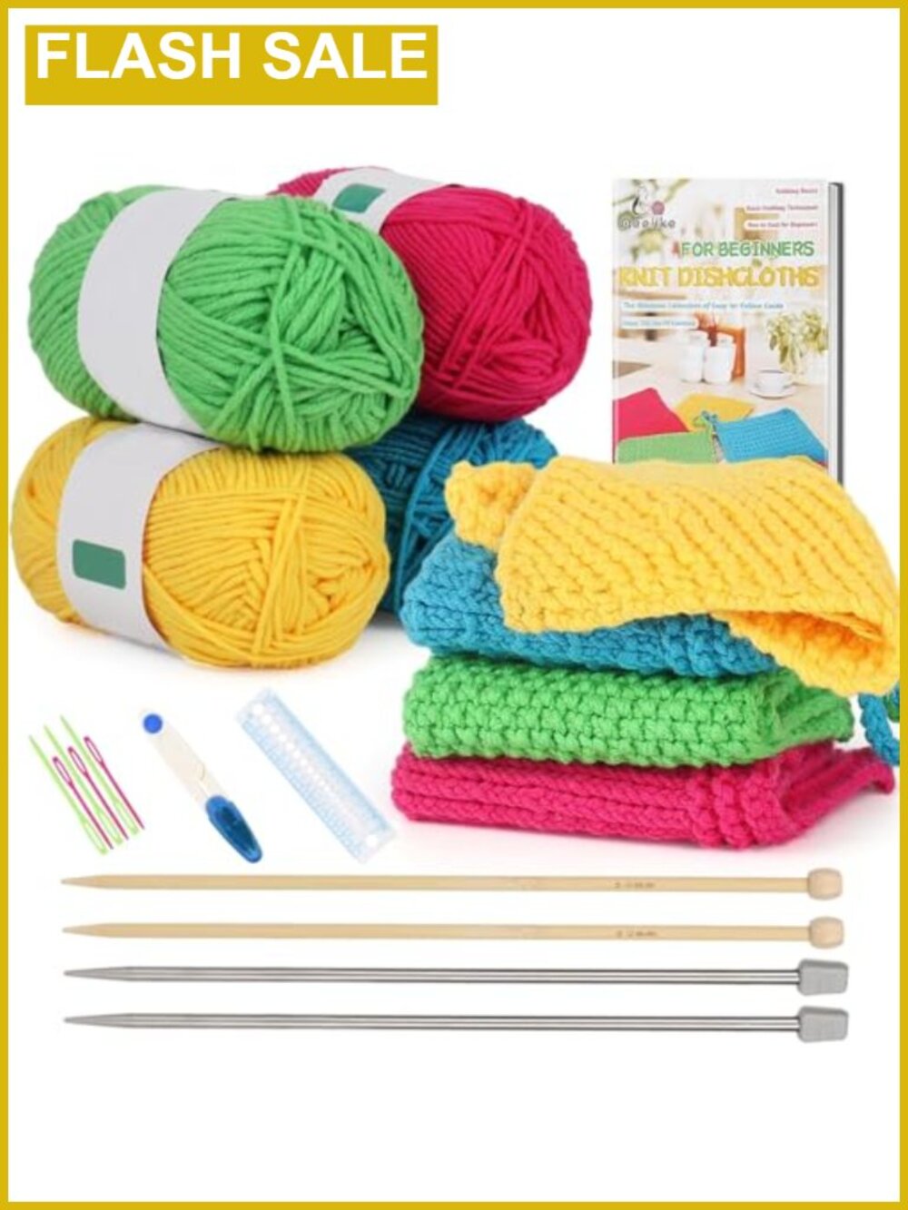Knitting Kit for Beginners Adult Dishcloth Knit Set Cotton Yarn Bamboo Needles